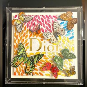 Stephen Wilson up cycled Dior handbag butterfly 12 x12 plexiglass shadow box.